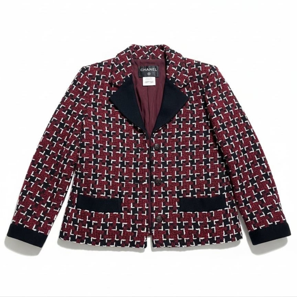 Chanel Burgundy Black Tweed Wool Blazer Size EU 40